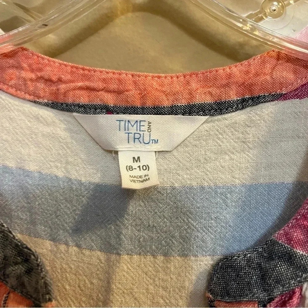 Time and Tru Linen Blend Dress Womens Medium Multicolored Short Sleeve Ladies - Picture 4 of 11